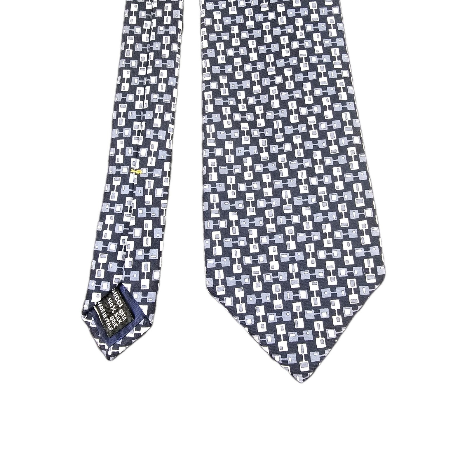 Gucci Silk Tie Made In Italy Navy Blue Mcm Geometric Square Pattern 3.5" Wide